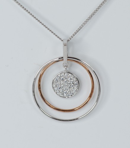 Sterling Silver CZ RoseGold Plated 3 Graduated Hoop Pendant on Sterling Silver Chain